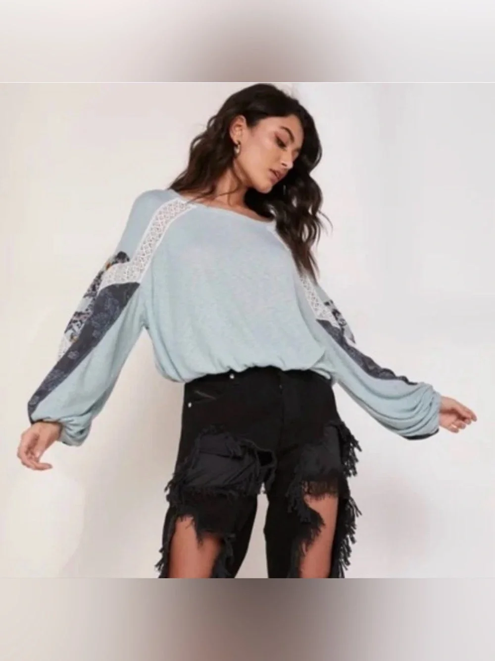 Free People Casual Clash Floral Patchwork Crochet Balloon Sleeve Thermal Top